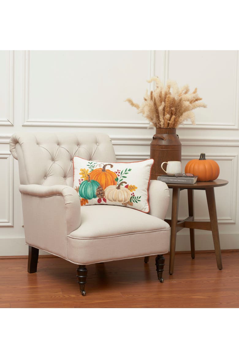 Trio Harvest Pumpkins Cotton Blend Mini Accent Pillow 14" x 22", Alternate, color, Green