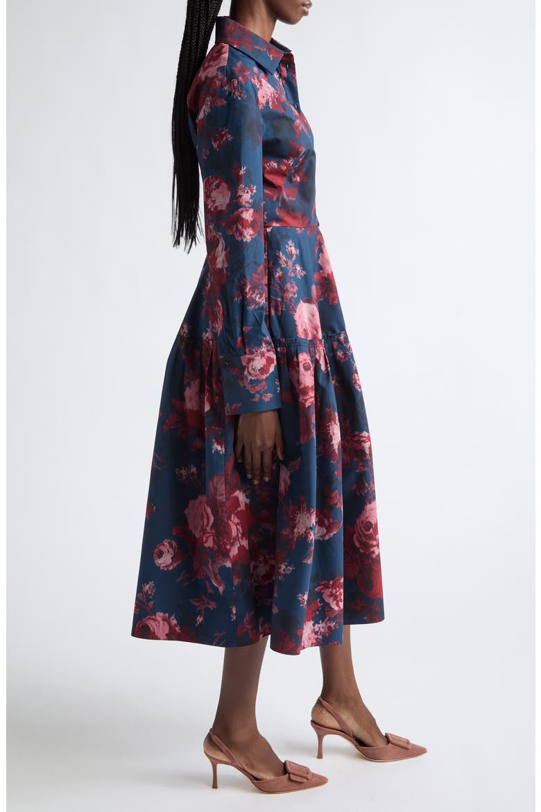 Floral Long Sleeve Organic Cotton Poplin Midi Shirtdress, Alternate, color, MARGOT ROSE NAVY