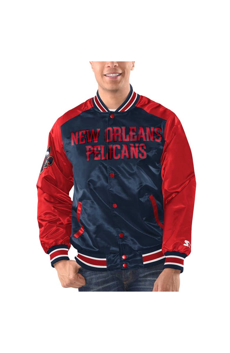 STARTER Men's Starter Navy/Red New Orleans Pelicans Renegade Satin Full-Snap Varsity Jacket, Main, color, Navy
