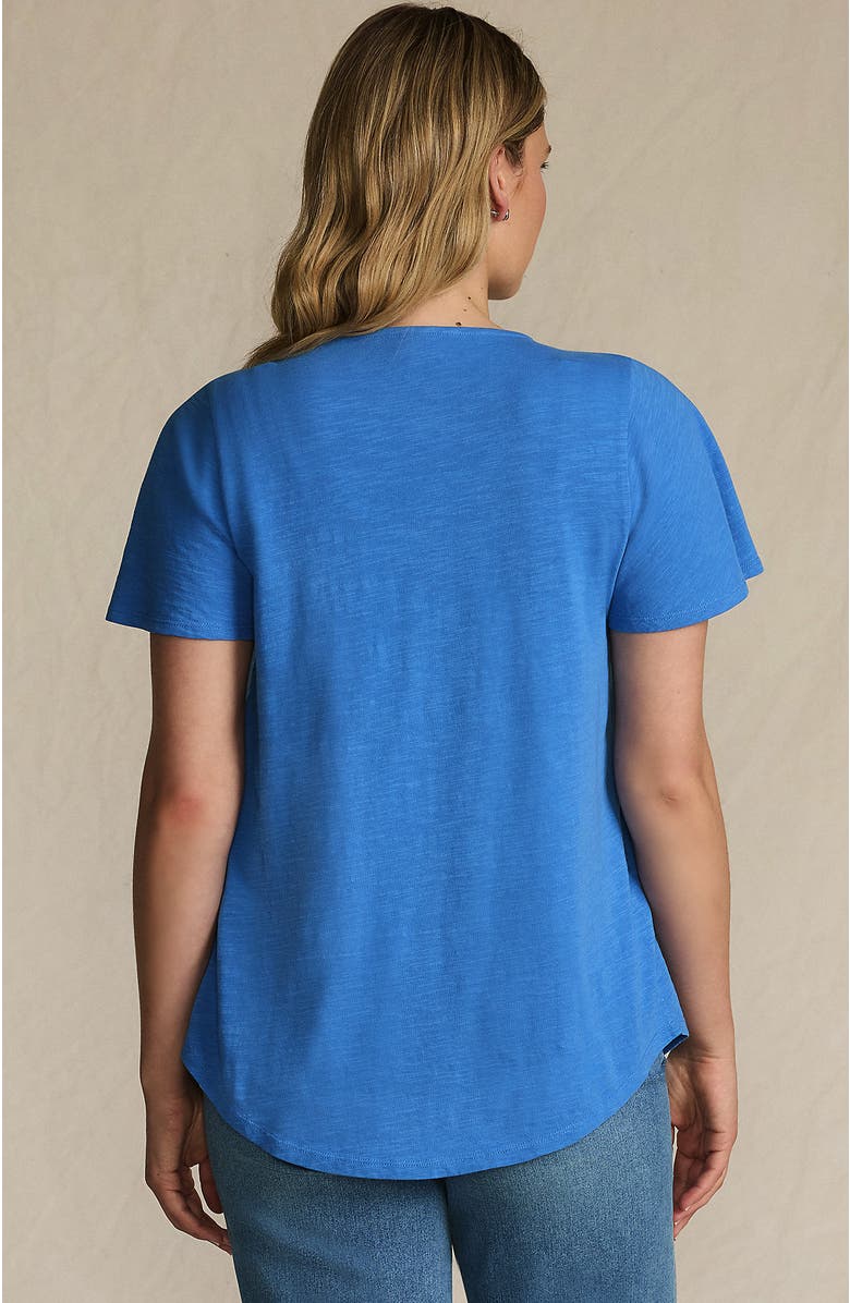 Lands' End Slub Flutter Sleeve Lace Trim Notch Neck Tunic Top, Alternate, color, Muted Cobalt Blue