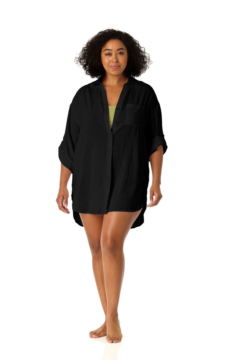 Anne Cole Women's Plus Live In Color Button Down Shirt Swimsuit Cover Up, Main, color, Black
