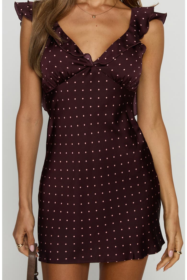 Kamillah Frill Minidress, Alternate, color, BURGUNDY POLKA DOT