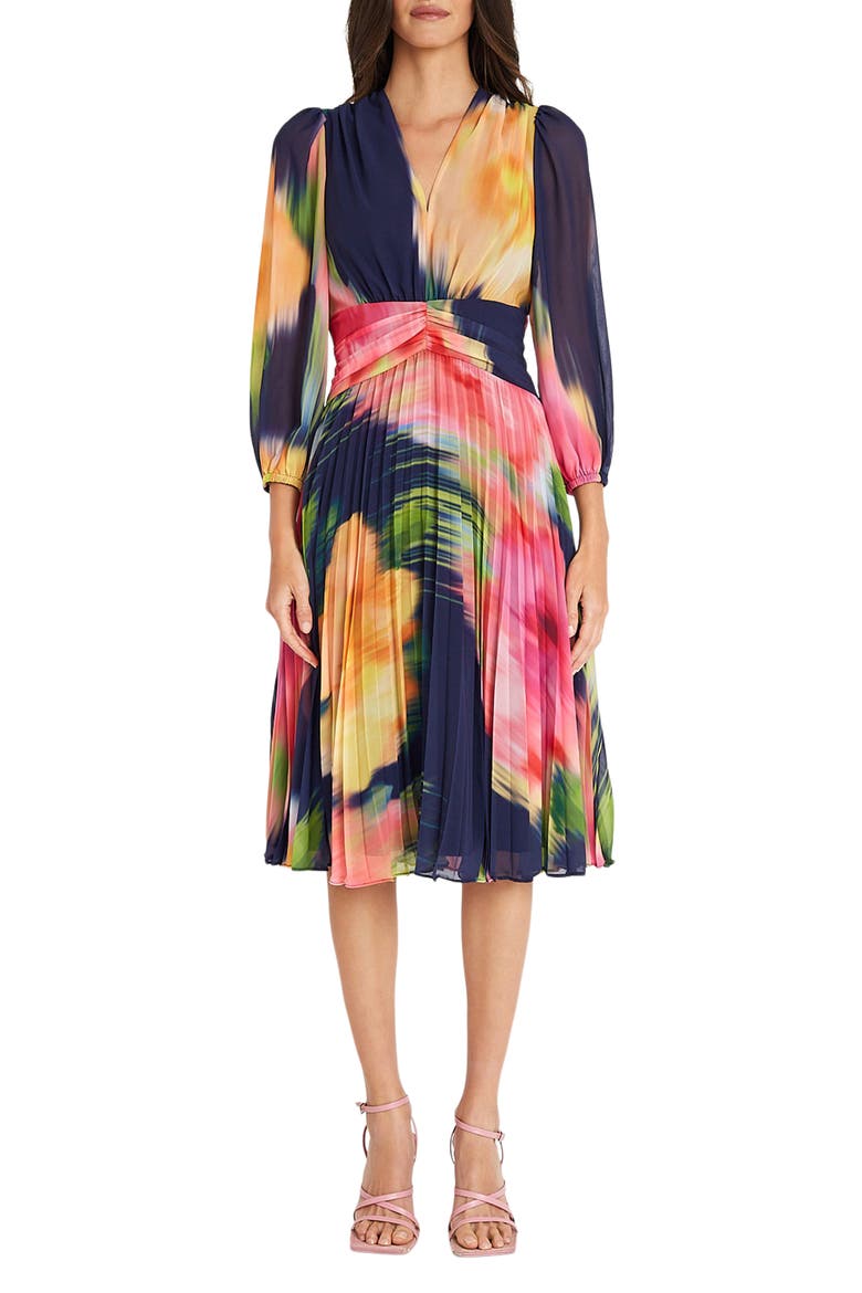 Floral Pleated Dress, Main, color, NAV/YELLOW