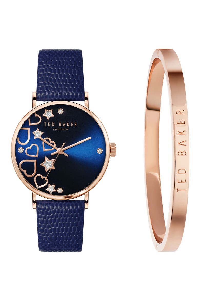 Phylipa Leather Strap Watch & Bangle Bracelet Set, 34mm, Main, color, ROSE GOLD/ BLUE/ BLUE