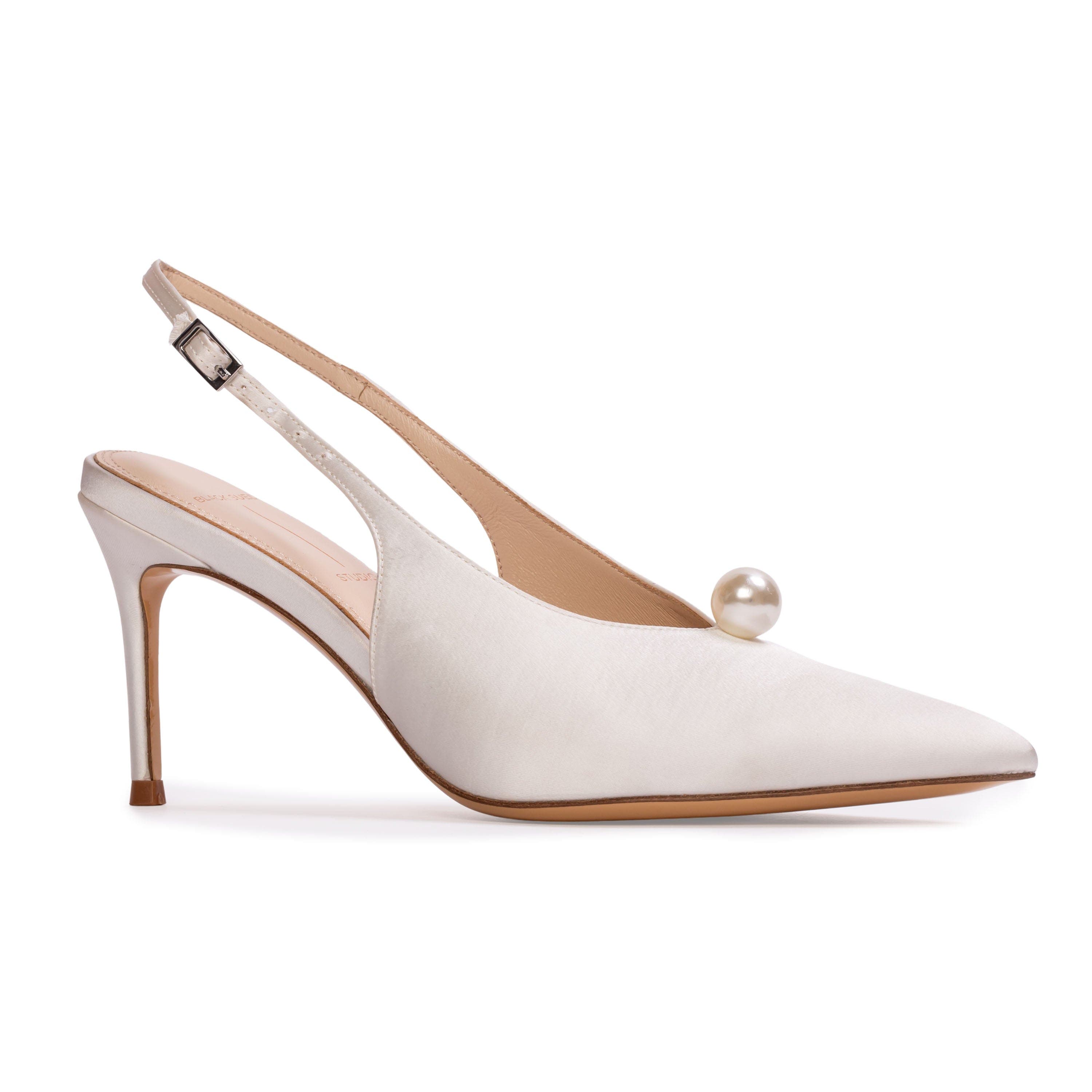 BLACK SUEDE STUDIO Reina 80 Satin Pump, Alternate, color, White Satin/Pearl Ornament
