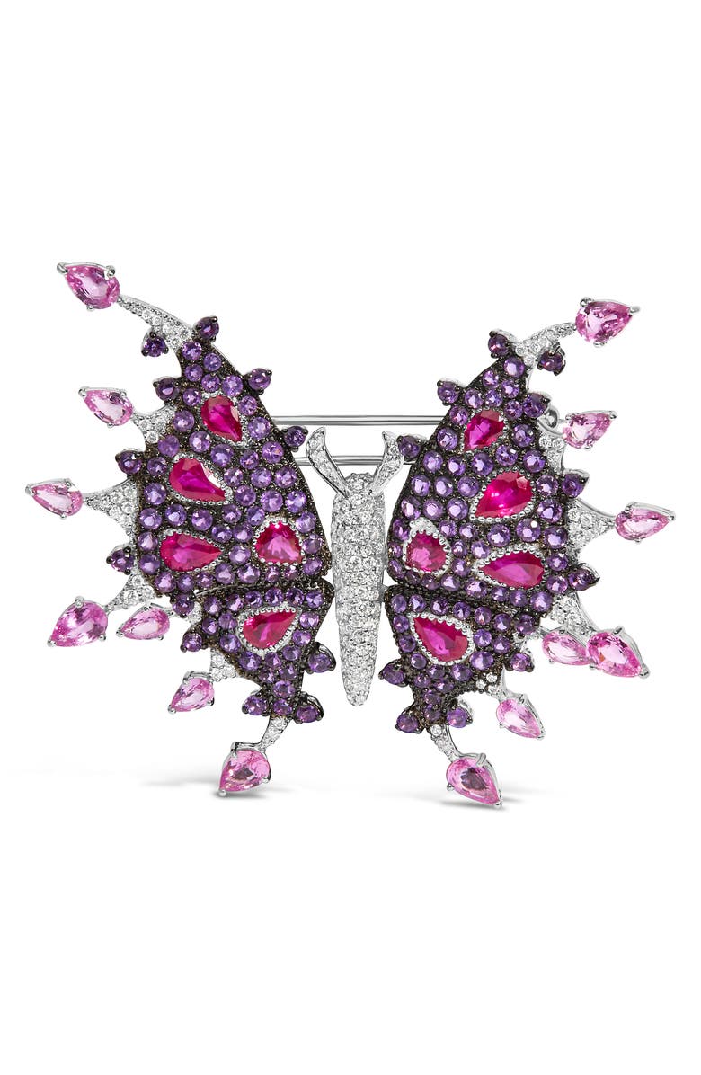Haus of Brilliance 18K White Gold 1.0 Cttw Diamond Ruby Sapphire & Amethyst Butterfly Brooch Pin, Main, color, White