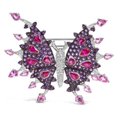 18K White Gold 1.0 Cttw Diamond Ruby Sapphire & Amethyst Butterfly Brooch Pin