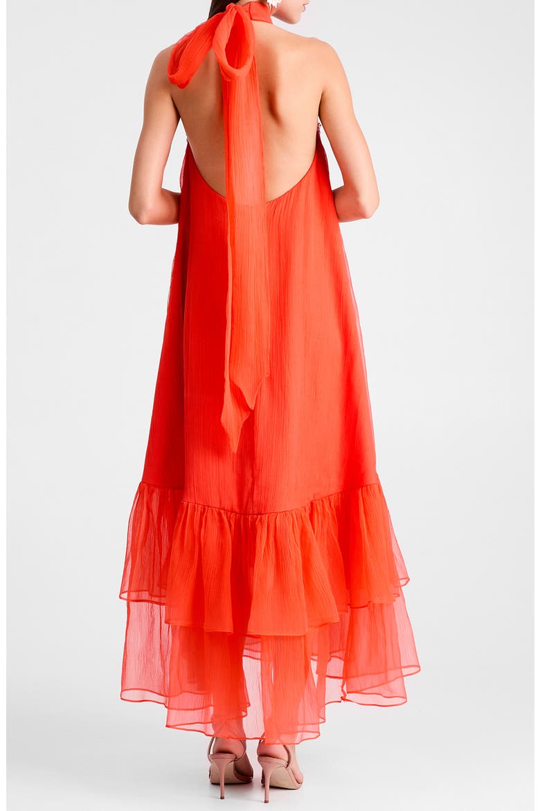 Romy Floral Appliqué Tiered Crinkle Chiffon Halter Dress, Alternate, color, PERSIMMON