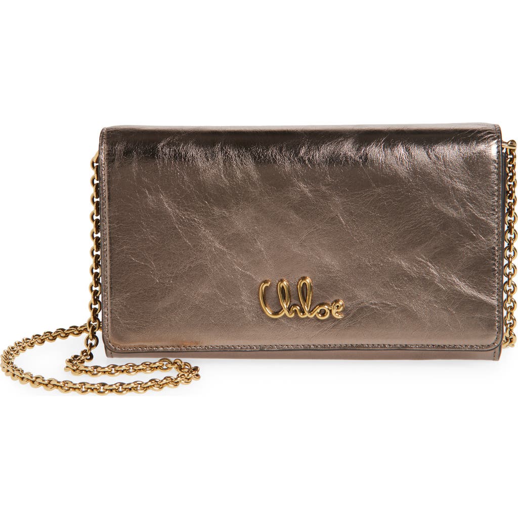 Chloé Iconic Metallic Leather Wallet On A Chain In 074 Shiny Grey