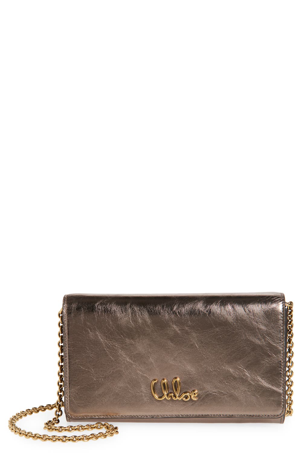 Iconic Metallic Leather Wallet on a Chain, color, 074 SHINY GREY