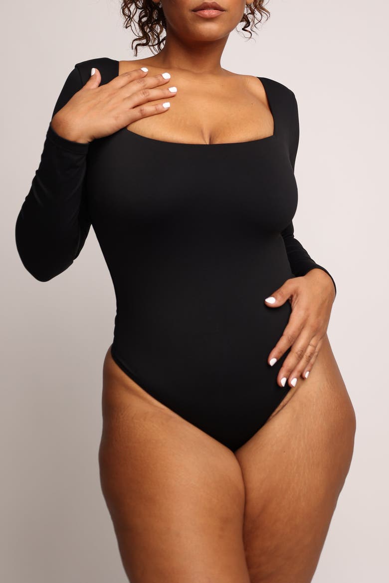 Shapewear Contour Long Sleeve Square Neck Bodysuit, Alternate, color, Jet