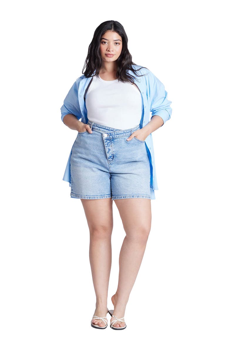 ELOQUII Overlap Waistband Shorts, Main, color, Light Wash