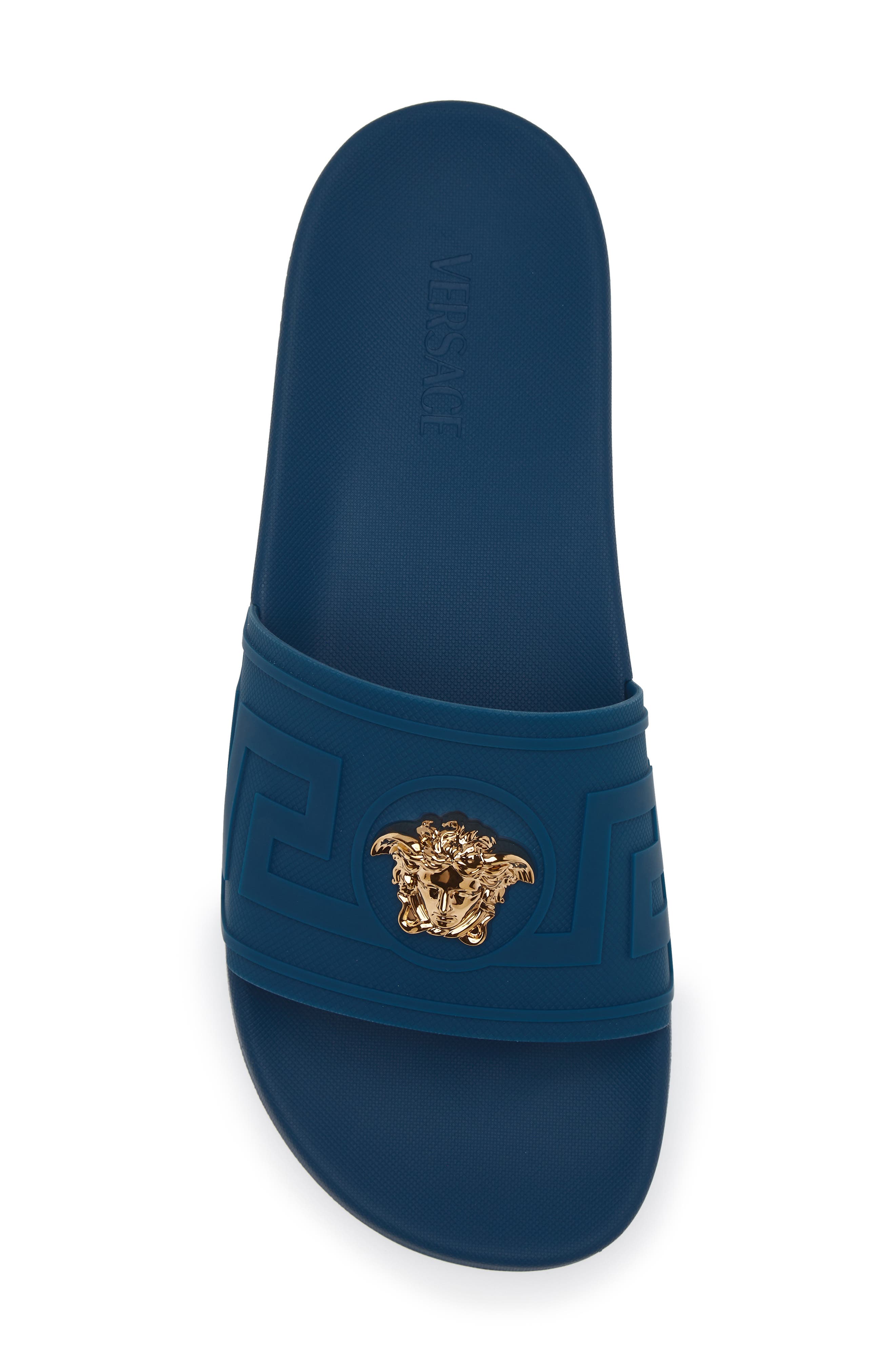 Versace La Medusa Slide Sandal, Alternate, color, Petrol Blue Gold