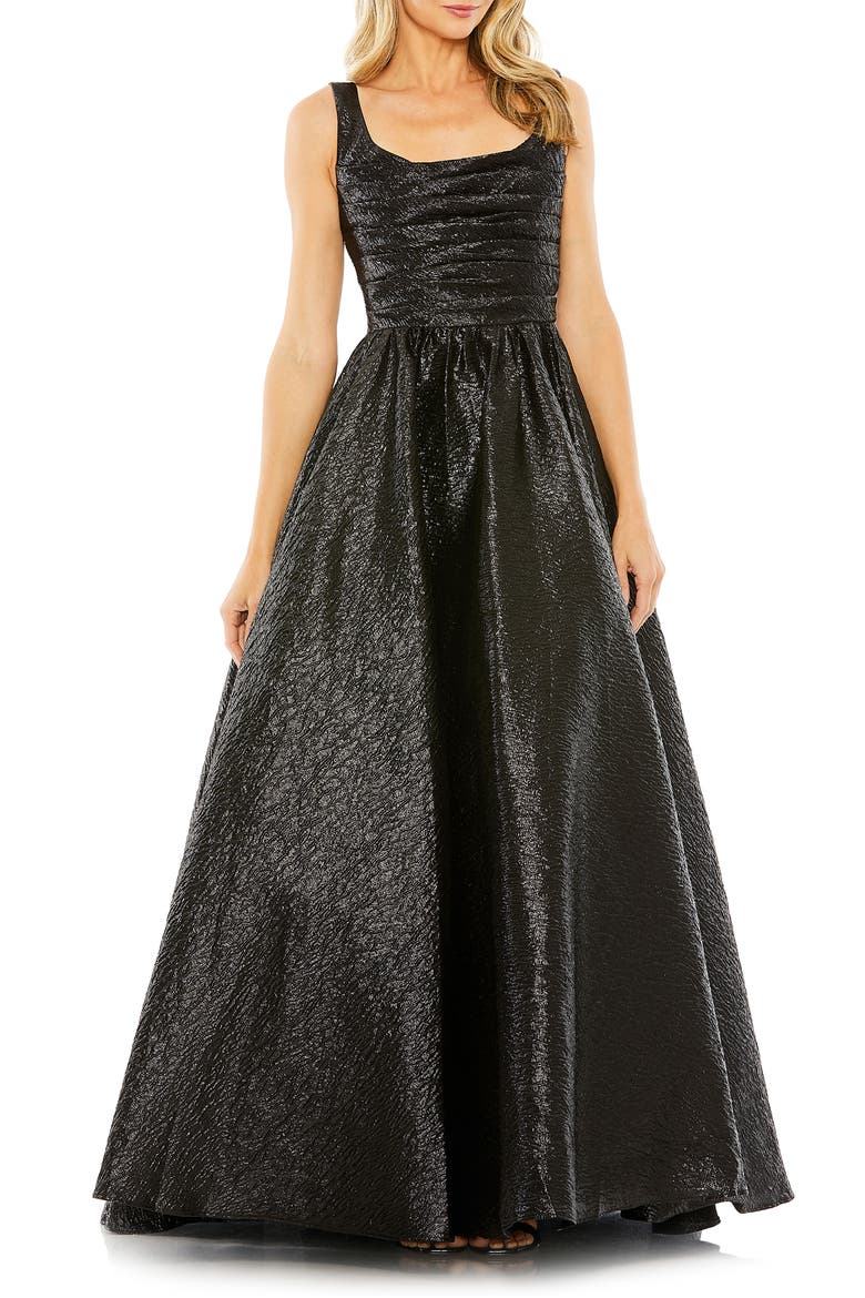 Metallic Pleated Bodice Ballgown, Main, color, BLACK