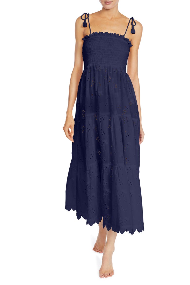 Daisy Flounce Cotton Eyelet Cover-Up Dress, Main, color, NAVY