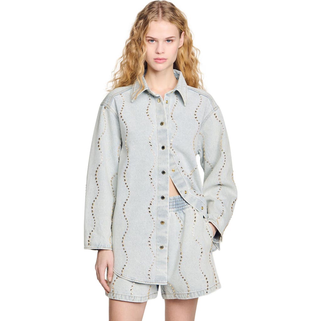 Sandro Wave Embellished Denim Shirt In Light Bu Jean
