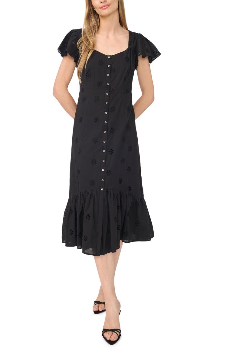 Eyelet Flutter Sleeve Button Down Midi Dress, Main, color, RICH BLACK