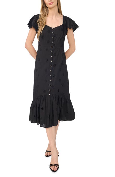 Eyelet Flutter Sleeve Button Down Midi Dress