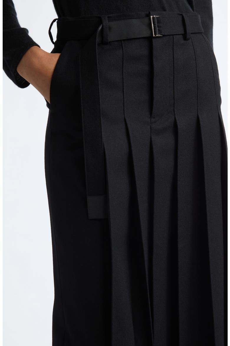 Pleated Overlay Wool Flannel Wide Leg Pants, Alternate, color, BLACK