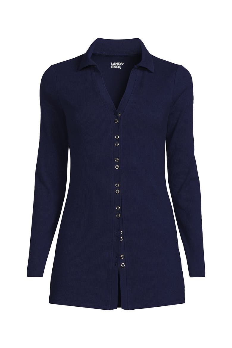 Plus Size Long Sleeve Polished Rib Button Through Tunic Shirt, Alternate, color, Deep Sea Navy