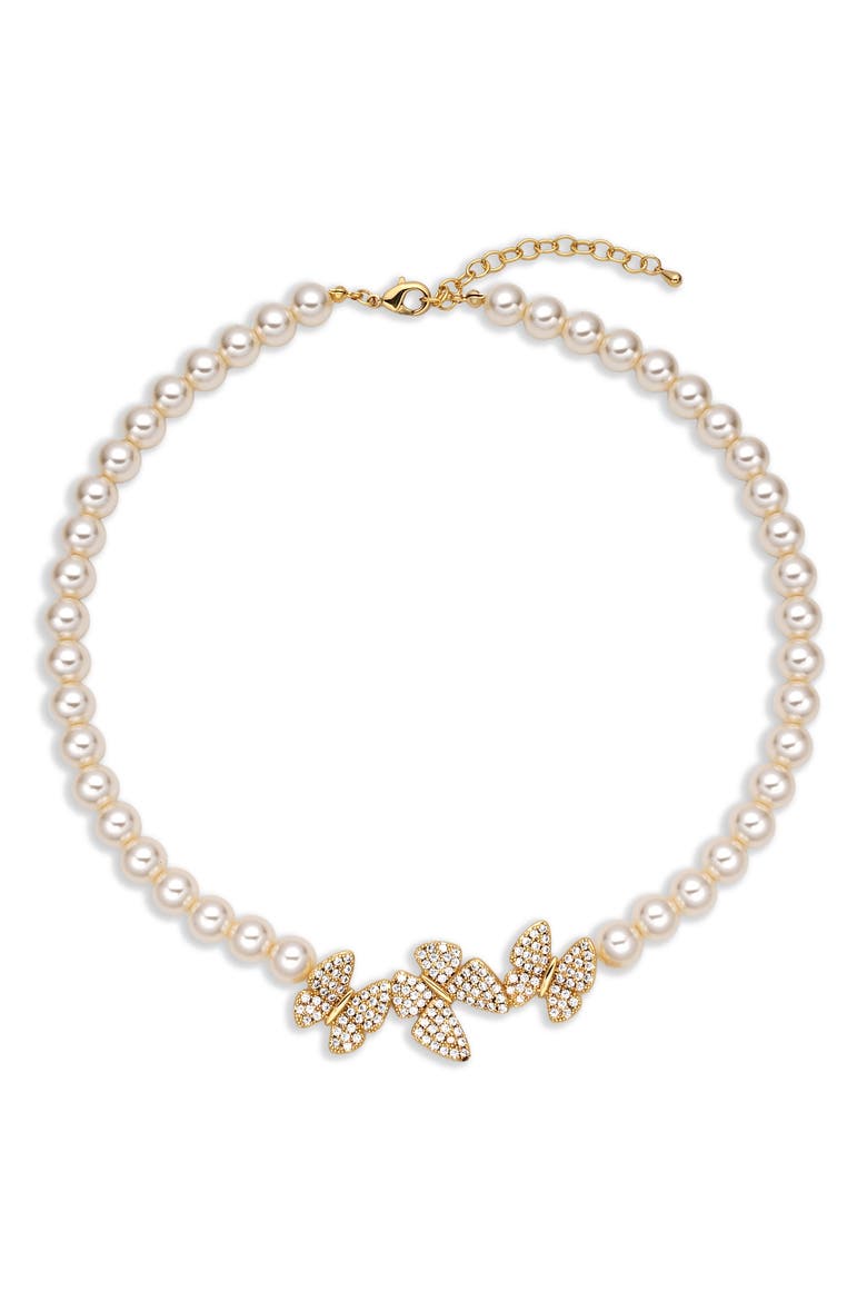 Hannah Pavé Cubic Zirconia Butterfly Faux Pearl Collar Necklace, Alternate, color, GOLD