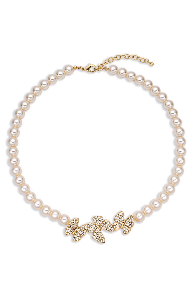 EYE CANDY LOS ANGELES Hannah Pavé Cubic Zirconia Butterfly Faux Pearl Collar Necklace, Alternate, color, Gold