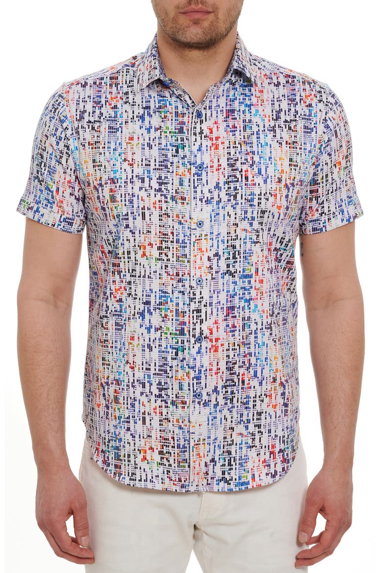 DNA Short Sleeve Stretch Cotton Button-Up Shirt, Main, color, BLUE MULTI
