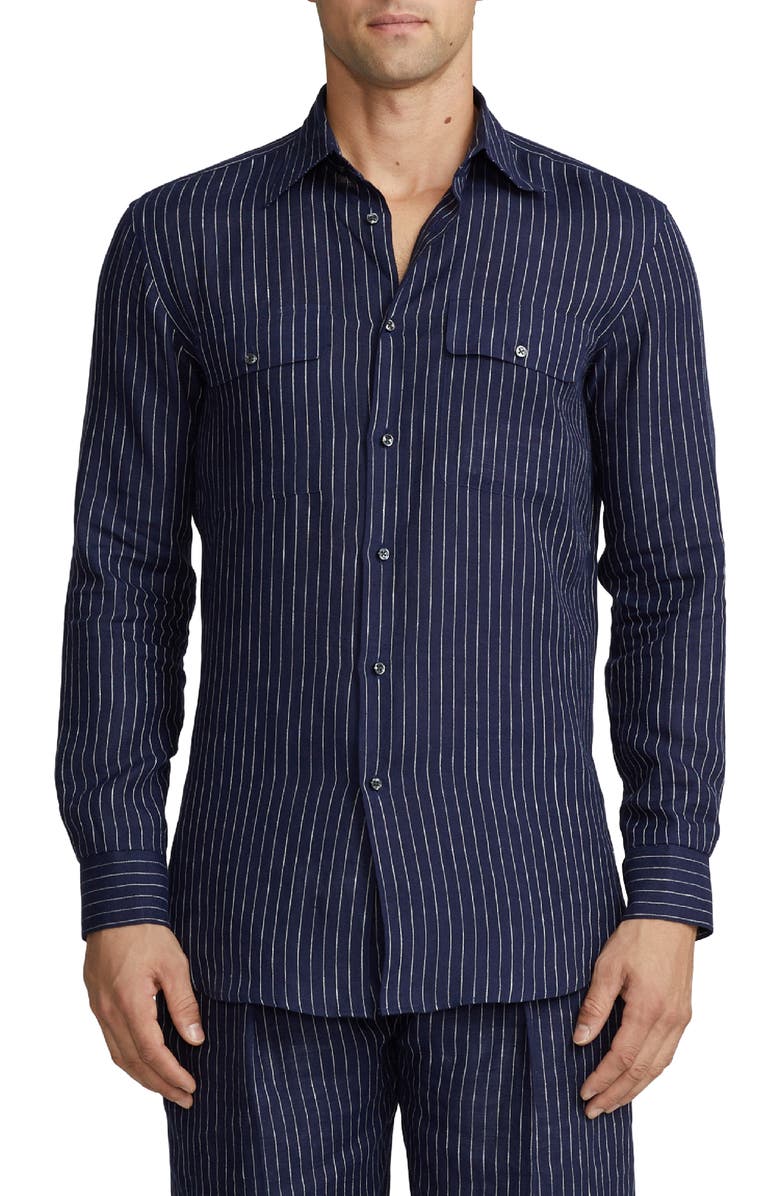 Ralph Lauren Purple Label Norfolk Pinstripe Linen Button-Up Shirt, Main, color, 