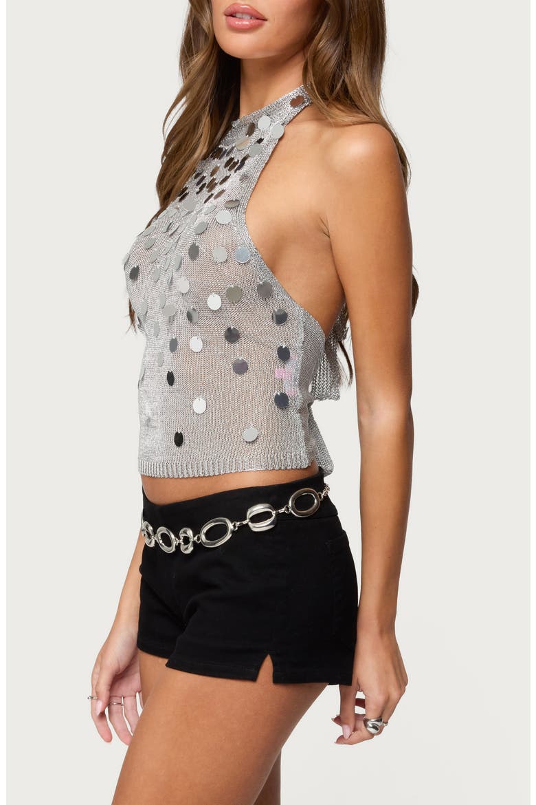Metallic Paillette Sequin Open Back Halter Semisheer Crop Top, Alternate, color, SILVER
