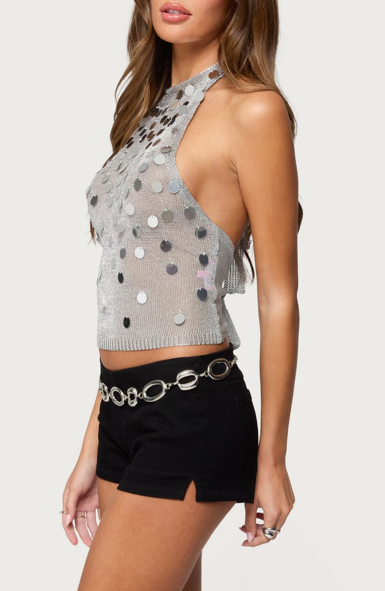 EDIKTED Metallic Paillette Sequin Open Back Halter Semisheer Crop Top, Alternate, color, Silver