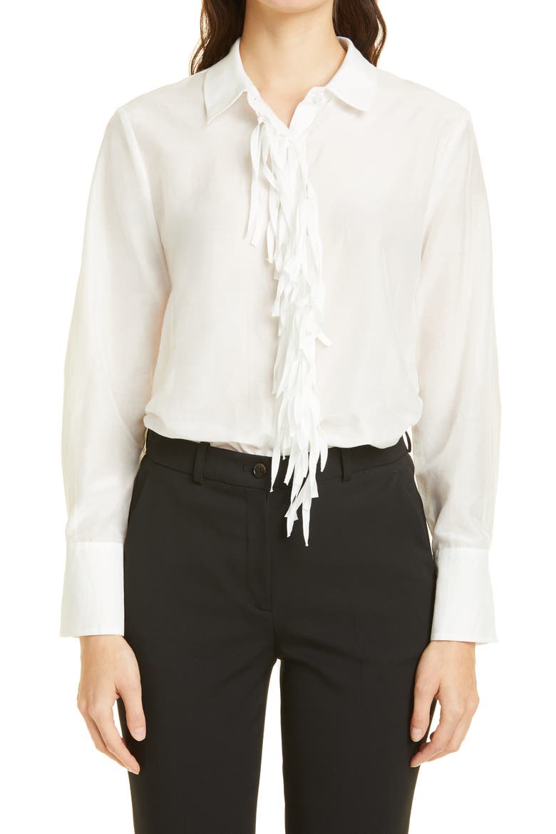 Paula Fringe Placket Cotton & Silk Blouse, Main, color, WHITE