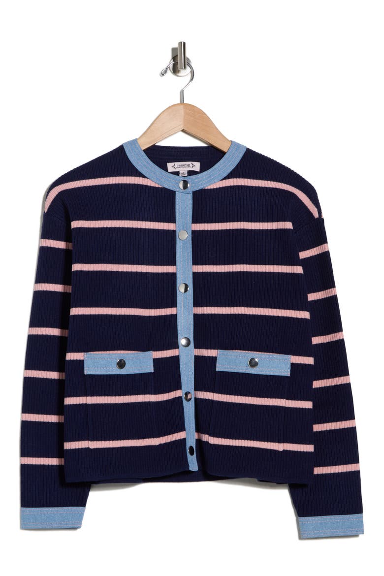 Denim Trim Stripe Ribbed Cardigan, Alternate, color, NANETTE NAVY PINK/ LIGHT DENIM