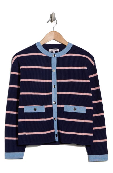 Denim Trim Stripe Ribbed Cardigan