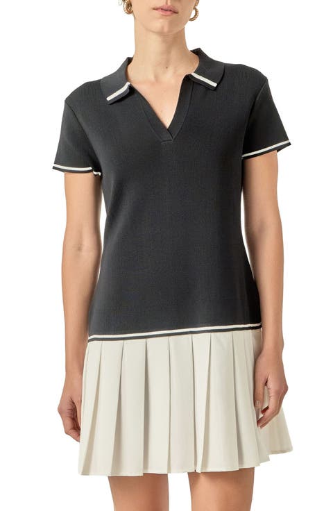 Mixed Media Pleated Polo Dress