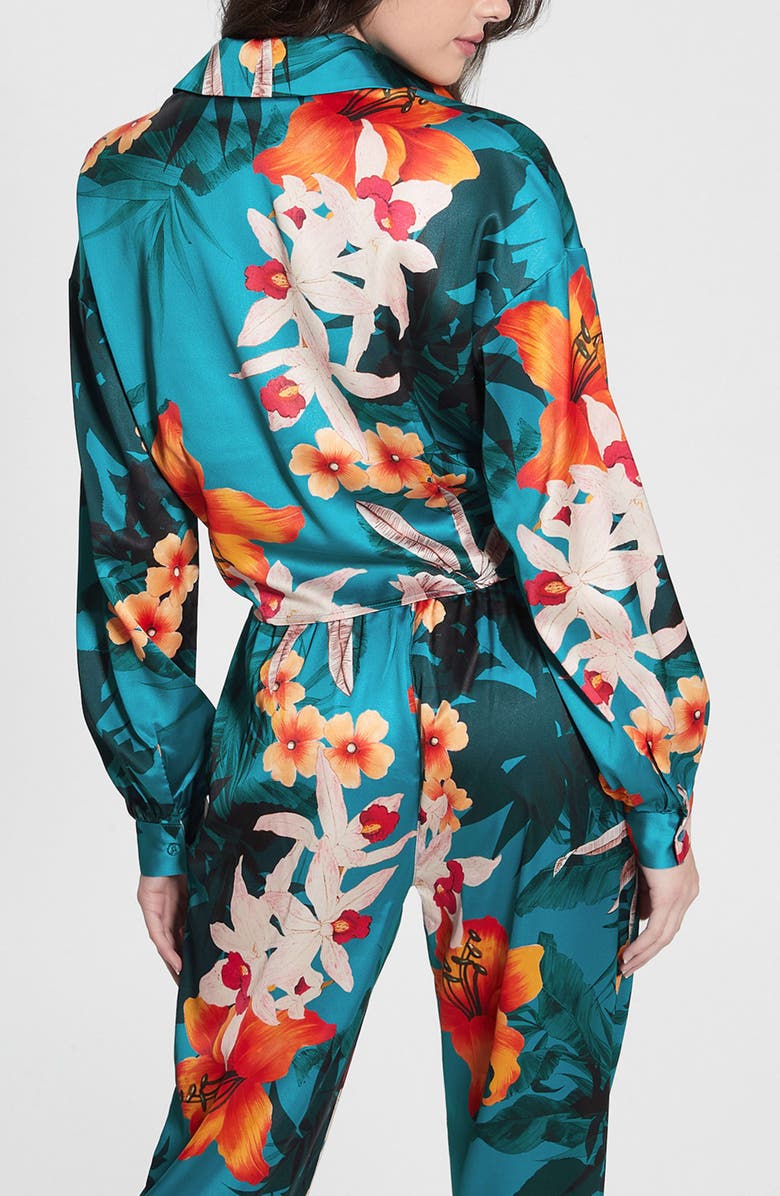 GUESS Jun Satin Tie Hem Button-Up Shirt, Alternate, color, Hawaian Sunset Print