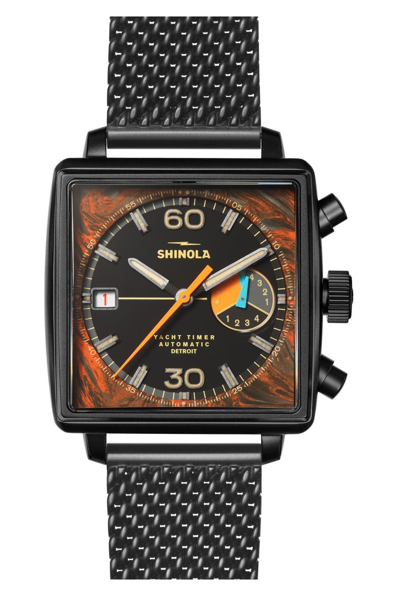 Mackinac Automatic Yacht Timer Mesh Strap Watch, 40mm, Main, color, BLACK / ORANGE