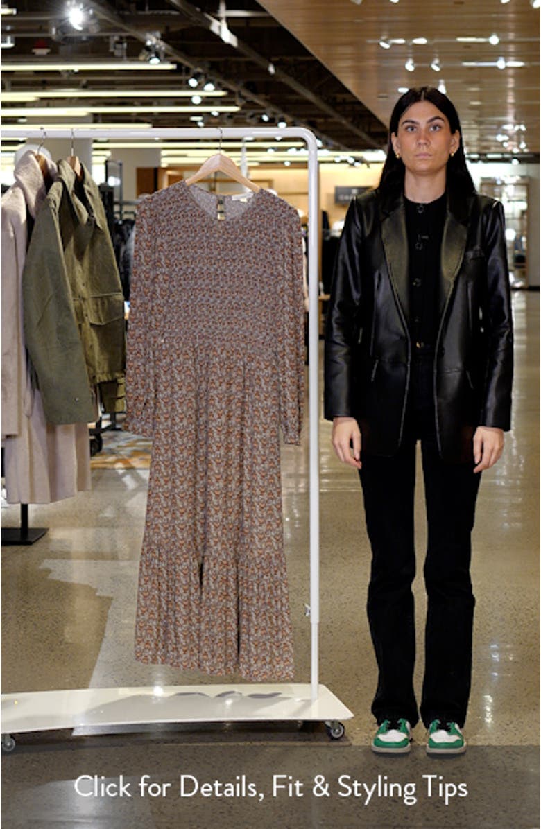 Floral Print Smocked Bodice Long Sleeve Dress, sales video thumbnail