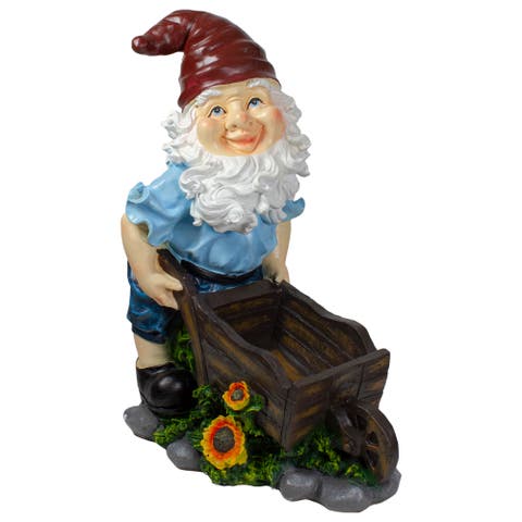 20" Blue and Brown Wheelbarrow Gnome Outdoor Garden Statue