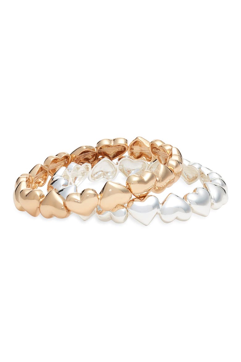 Set of 2 Puffy Heart Stretch Bracelets, Main, color, GOLD- SILVER
