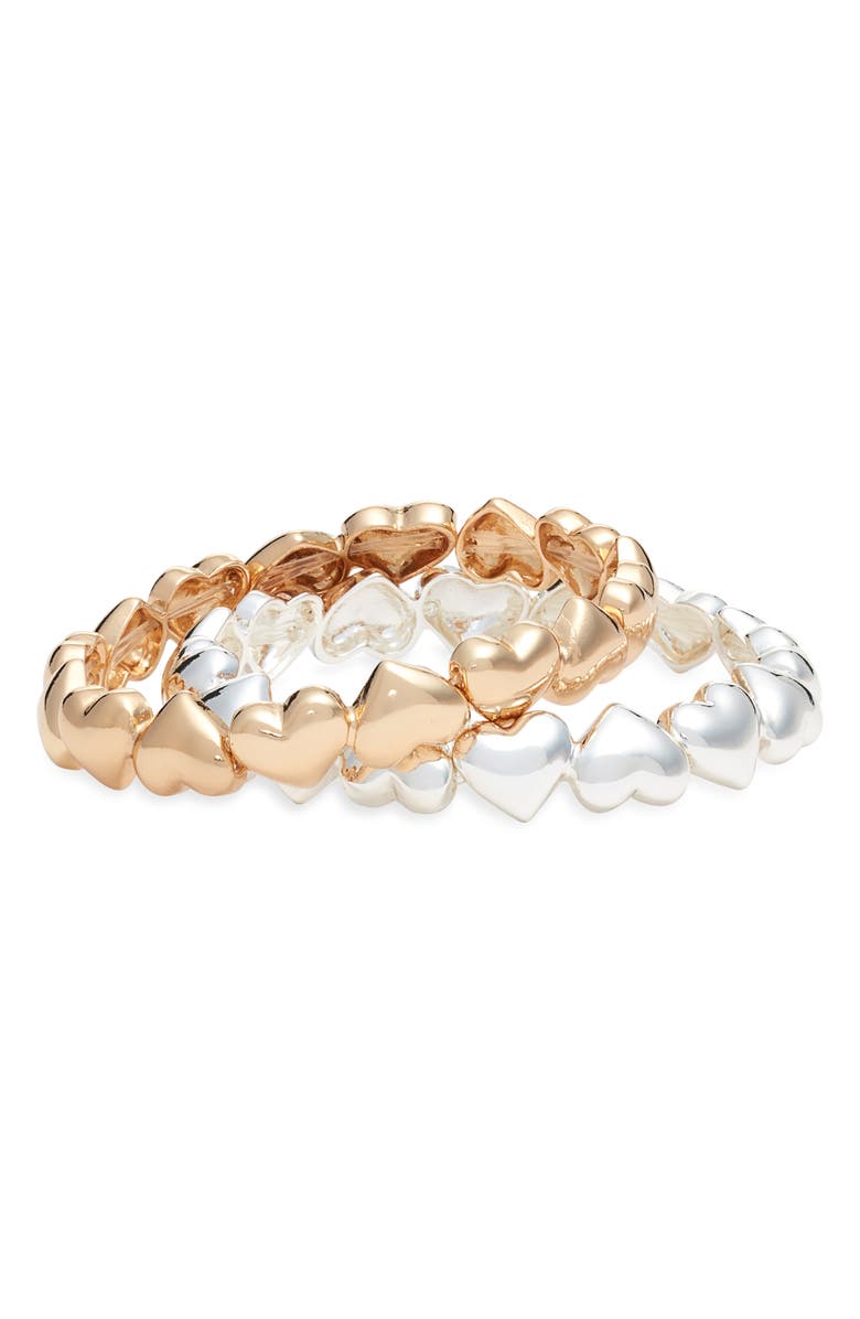Open Edit Set of 2 Puffy Heart Stretch Bracelets, Main, color, Gold- Silver