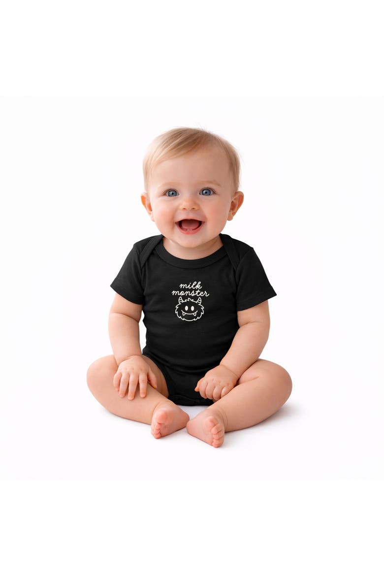 Milk Monster Infant Short Sleeve Graphic Bodysuit, Main, color, Black