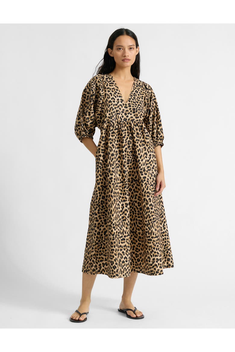 Animal Print V-Neck Cotton Midi Dress, Main, color, Brown