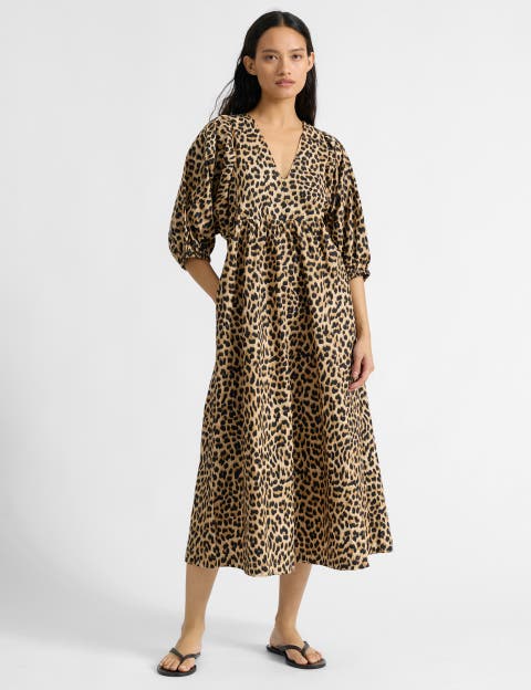Animal Print V-Neck Cotton Midi Dress