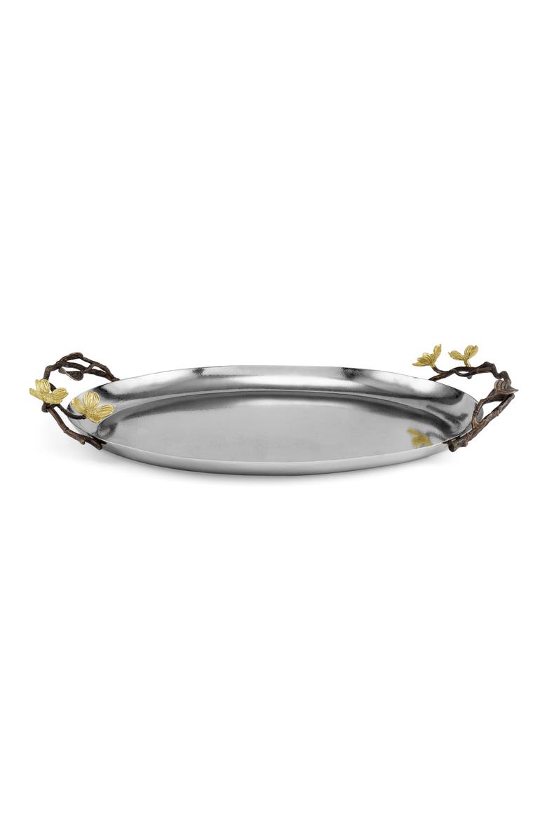 Dogwood Oval Metal Serving Tray, Alternate, color, SILVER/ GOLD