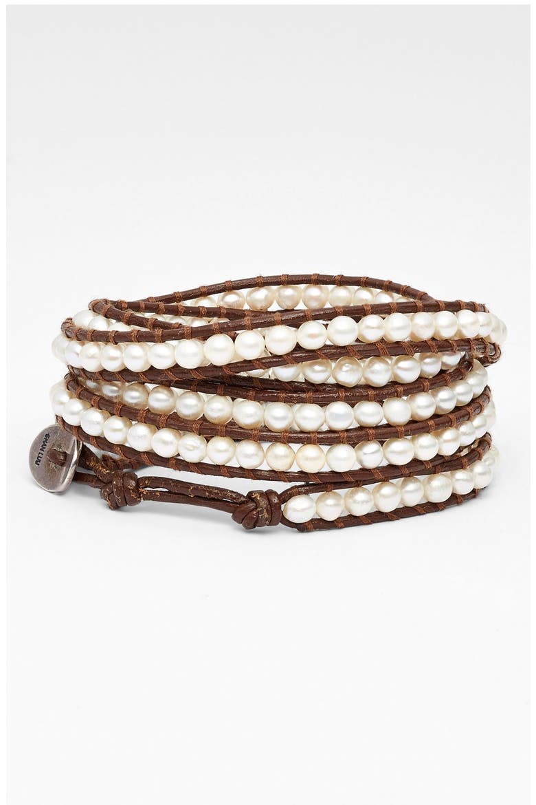 Beaded Leather Wrap Bracelet, Main, color, WHITE PEARL