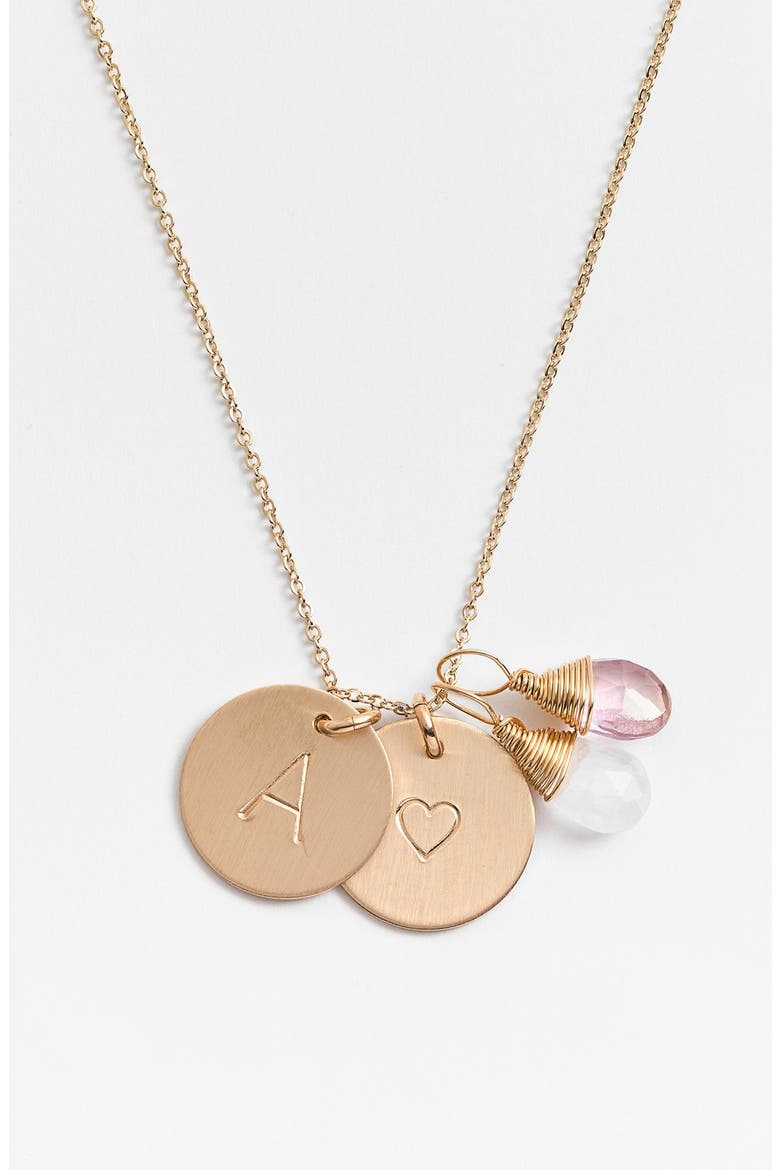 14k-Gold Fill Heart Disc, Moonstone & Pink Quartz Initial Necklace, Main, color, MOONSTONE AND PINK A