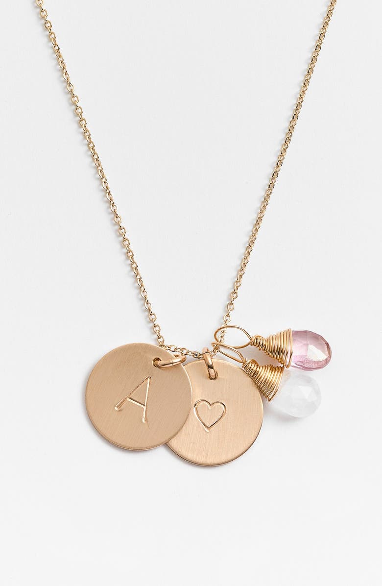 Nashelle 14k-Gold Fill Heart Disc, Moonstone & Pink Quartz Initial Necklace, Main, color, 