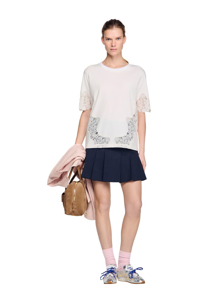 SANDRO Cotton T-shirt with lace detail, Alternate, color, Ecru