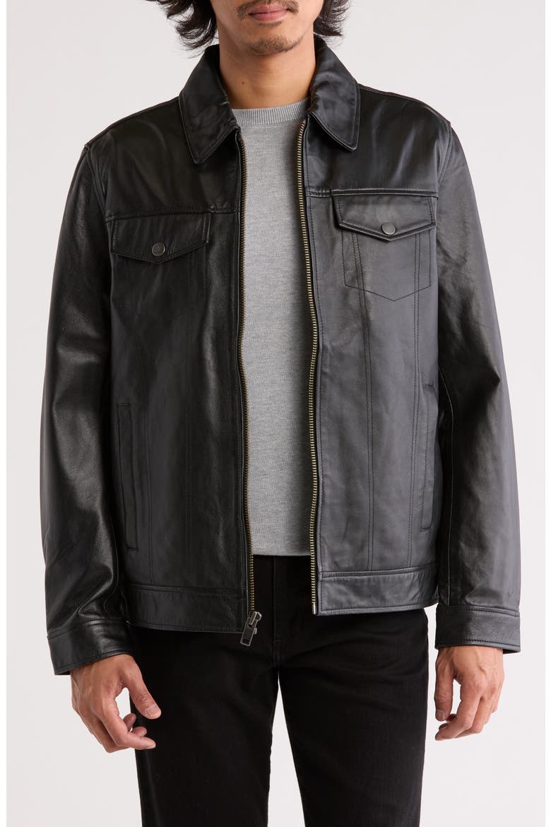 Leather Trucker Jacket, Main, color, BLACK