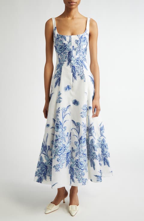 Seam Detail Scoop Neck Tapestry Jacquard Midi Dress